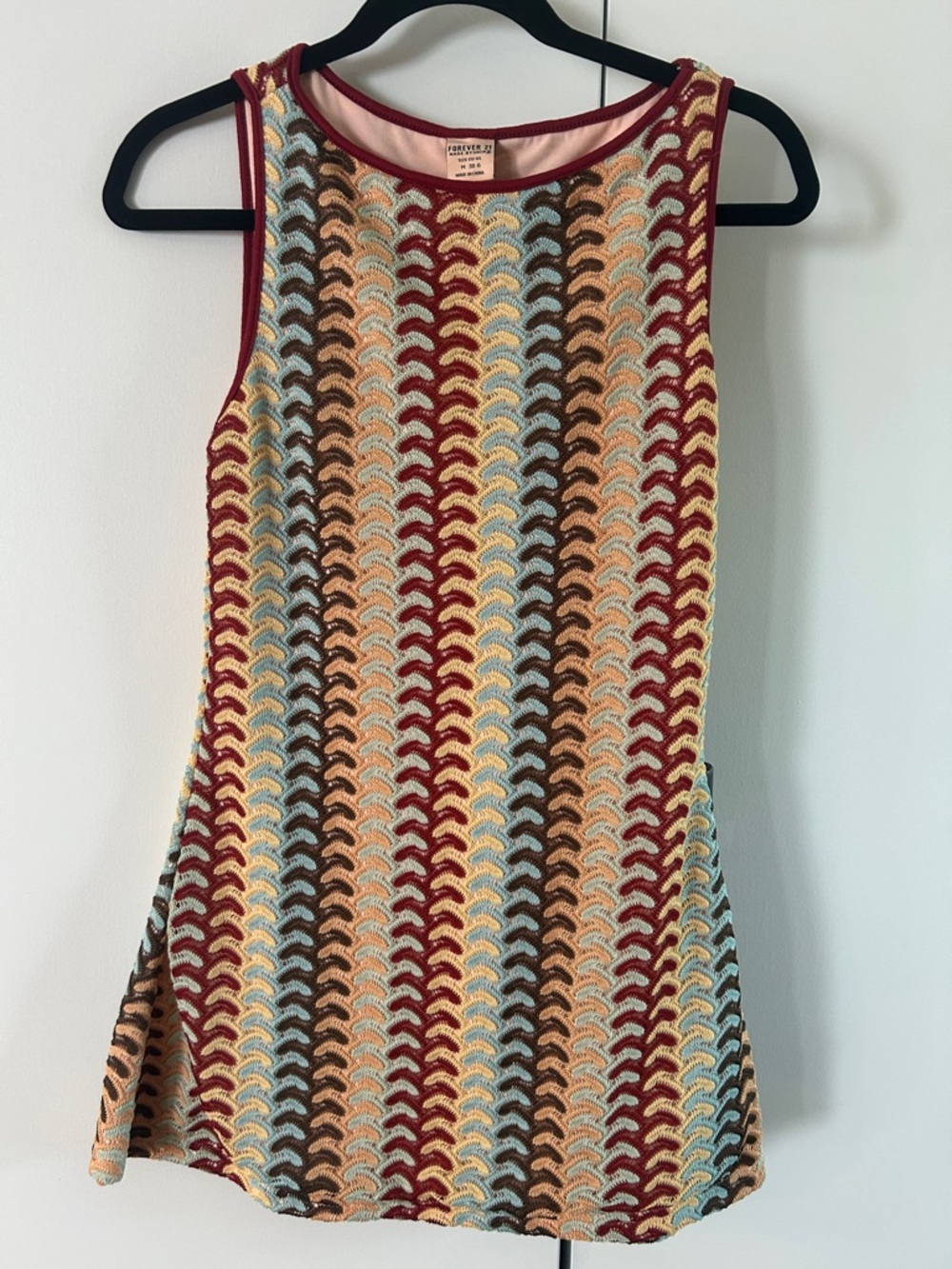 Forever 21 Multicolor Crochet Stripe Mini Dress - Burgundy Trim